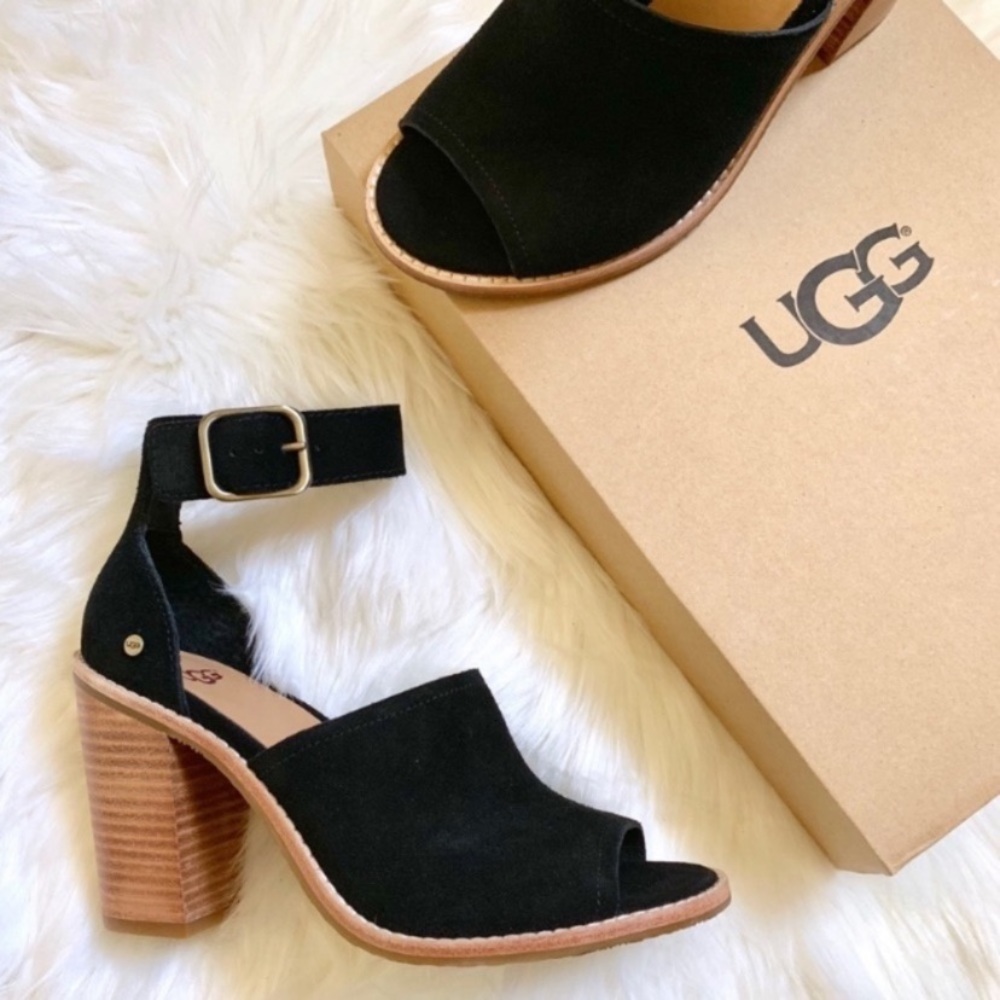 UGG Black Suede Ankle Strap Peep Toe Sandals